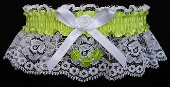 Pistachio Faceted Beads Garter on White Lace for Wedding Bridal Prom