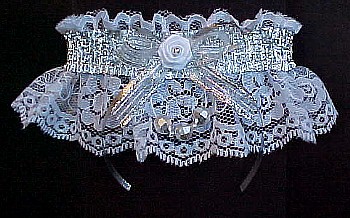 Silver Metallic Garters w/ Faceted Beads on white lace. Fancy Bands Prom Garter - Wedding Garter - Bridal Garter