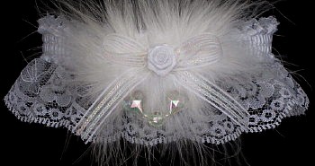 White Wedding Garter - White Bridal Garter - White Prom Garter - White Lace Garters with Crystal Aurora Borealis Hearts & Marabou feathers. garter, garders, garder