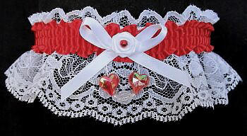 Red Aurora Borealis Hearts Garter on White Lace for Wedding Bridal Prom