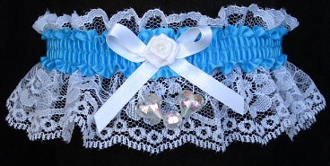 Neon Island Blue Garter with Aurora Borealis Hearts on White Lace for Wedding Bridal Prom