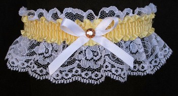 Chamois Yellow Rhinestone Garter for Prom Wedding Bridal on White Lace