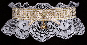 Fancy Bands Greek Key White & Gold Garters with Gold Love Charm. Prom garter Tradition - Prom Garter - Wedding Garter - Bridal Garter