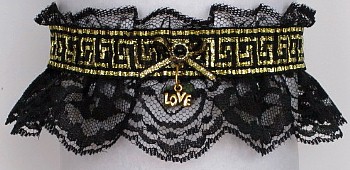 Fancy Bands Greek Key Black & Gold Garter with Gold Love Charm. Prom Garter - Wedding Garter - Bridal Garter