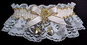 Ivory Moire Band with a Gold Edge and Satin Bow on Ivory Lace. Your choice of Star, Fancy Flat Pearl, Crimped Pearl, or Heart Trim. MyGarters, MyGarter, My Garters, My Garter, MyBridalGarter, MyPromGarter, MyPromGarters, garter, garders, garder