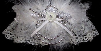 White and Silver Garter on Ivory Lace w/Silver Pearls & Marabou Feathers for Wedding Bridal Prom. garder