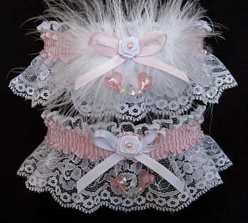 Aurora Borealis Hearts Prom Garter SET in Icy Pink on White Lace
