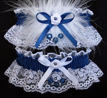 Faceted Beads Prom Garter SET in Lt Navy on White Lace