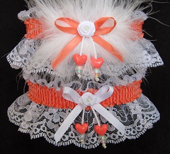 Double Hearts Prom Garter SET in Cantaloupe on White Lace