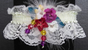  Prom Garter Purple Wine Teal Gold on Ivory Lace