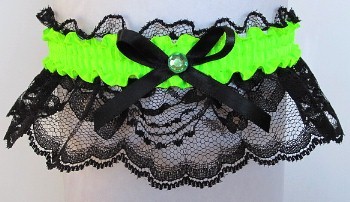 Neon Green Rhinestone Garter for Prom Wedding Bridal on Black Lace