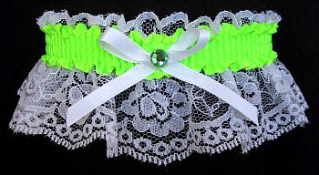 Neon Green Rhinestone Garter for Prom Wedding Bridal on White Lace