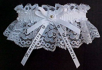 Homecoming Garter Special in white lace with Imprinted Homecoming Ribbon Tails. Personalized Homecoming Garters in Your School Colors. garders, garder
