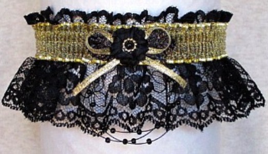 Totally Glam Black & Gold Prom Garter Feature w/ Sheer Gold Metallic band & trim on black lace