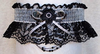 Totally Glam Prom Garter w/ Sheer Silver Metallic band & trim on black lace