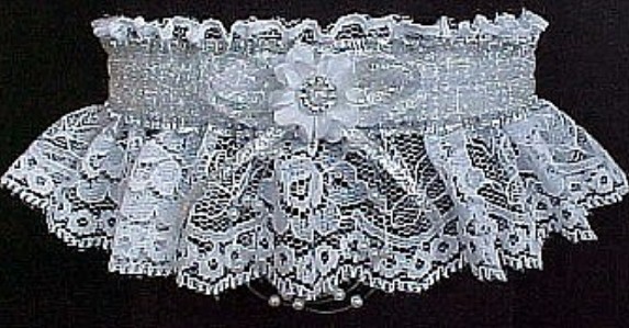 Totally Glam 2024 Prom Garter Feature w/ Sheer Silver Metallic band & trim on white lace. garder, garders