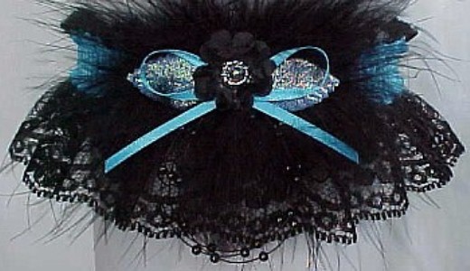 Island Blue Garter on black lace WITH Marabou feathers. Prom Garter. garder, garders
