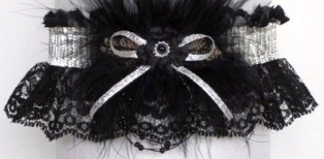 Glitzy glitz 2013 Prom Garter Feature w/ Shiny Silver Metallic band & trim, marabou feathers on black lace. garder, garders