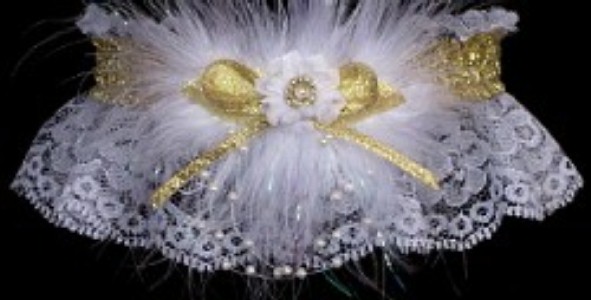 Glitzy glitz 2024 Prom Garter Feature w/ Shiny Gold Metallic band & trim, marabou feathers on white lace. garder, garders