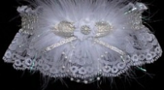 Glitzy Glitz 2024 Prom Garter Feature w/ Shiny Silver Metallic band & trim, marabou feathers on white lace. garder, garders