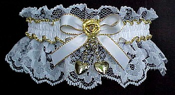 Moire Garters with a White Satin Bow with a Gold Edge and Gold trim. MyGarters, My Garters, MyBridalGarter, MyPromGarter, MyPromGarters, garter, garders, garder
