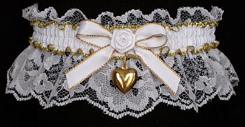 Fancy Bands White & Gold Garter with Gold Puffed Heart Charm for Wedding Bridal Prom Valentine.