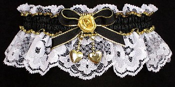 Fancy Bands Black and White Garter with 2 Gold Hearts. Prom Garter - Wedding Garter - Bridal Garter