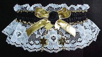 Moire White & Black Colored Band Garters with Gold Metallic Bow on White Lace. MyGarters, My Garters, MyBridalGarter, MyPromGarter, MyPromGarters, garter, garders, garder