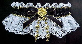 White Lace and Black Moire Band Garters with White Satin Bow and Gold Trim. MyGarters, My Garters, MyBridalGarter, MyPromGarter, MyPromGarters, garter, garders, garder