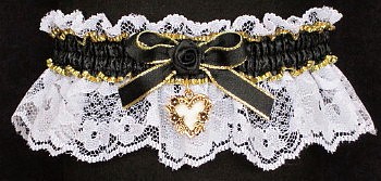 Fancy Bands Black and White Garter with Gold Open Heart Charm. Prom Garter - Wedding Garter - Bridal Garter