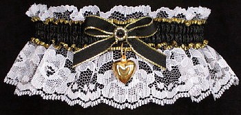 Fancy Bands Black and White Garter with Gold Puffed Heart Charm. Prom Garter - Wedding Garter - Bridal Garter