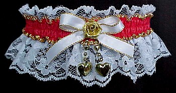 Moire Red Garters with Heart Trim on white lace. MyGarters, My Garters, MyBridalGarter, MyPromGarter, MyPromGarters, garter, garders, garder