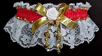 Moire Red Colored Band Garters with Gold Metallic Bow on White Lace. MyGarters, My Garters, MyBridalGarter, MyPromGarter, MyPromGarters, garter, garders, garder