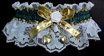 Moire Hunter Colored Band Garters with Gold Metallic Bow on White Lace. MyGarters, My Garters, MyBridalGarter, MyPromGarter, MyPromGarters, garter, garders, garder