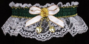 Fancy Bands Forest Green Garter on White Lace w/ 2 Gold Hearts for Wedding Bridal Prom.