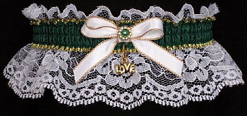 Forest Green Garters on White Lace. Fancy Bands White Forest Green Gold Garters with Gold Love Charm. Prom Wedding Bridal