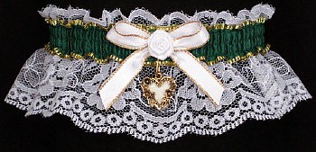 Fancy Bands Forest Green Garter on White Lace w/ Gold Open Heart Charm for Wedding Bridal Prom