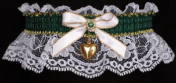 Forest Green Garters on White Lace. Fancy Bands White Forest Green Gold Garters with Gold Puffed Heart. Prom Wedding Bridal