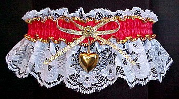 Fancy Bands Red & White Garter w/ Gold Puffed Heart Charm on White Lace
