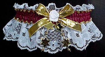 Moire Burgundy Colored Band Garters with Gold Metallic Bow on White Lace. MyGarters, My Garters, MyBridalGarter, MyPromGarter, MyPromGarters, garter, garders, garder