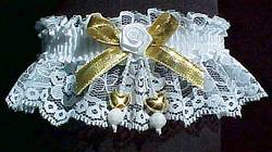 Gold Dbl Hearts Valentine Garter w/ Gold Metallic Bow on White Lace.