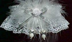 Silver Double Hearts Garters with Marabou Feathers and Silver Metallic Bow on White Lace for Wedding Bridal or Prom.