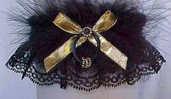 Black and Gold Garters. Black Lace Garters with Gold Beaded Rings, Gold Metallic Bow, and Black Marabou Feathers. MyGarters, My Garters, MyBridalGarter, MyPromGarter, MyPromGarters, MyBridalGarter, My Black Lace Garter, garter, garders, garder