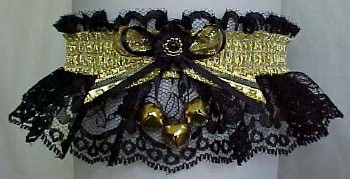 Garter with Sleigh Bells and Gold Metallic Fancy Bands on Black Lace. Winter Wedding Garter. garders, garder
