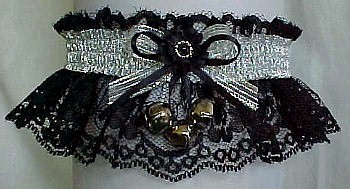 Garter with Sleigh Bells and Silver Metallic Fancy Bands on Black Lace. Winter Wedding Winter Formal Garter. Winter Ball Garter. garders, garder