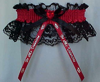 Valentine Garters in Black Lace with Red Rhinestone Valentine Heart and Imprinted Valentine Ribbon Tails. Be My Valentine Garters. garter, garders, garder