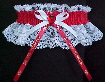 Valentine Garters in White Lace with Red Rhinestone Valentine Heart and Imprinted Valentine Ribbon Tails. Be My Valentine Garters. garter, garders, garder
