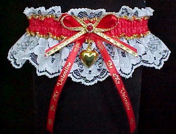 Valentine Garters in White Lace with Gold Valentine Heart and Imprinted Valentine Ribbon Tails. Be My Valentine Garters. garter, garders, garder