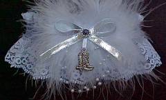 Silver and White Western Garter w/ Silver Metallic Bow and choice of Western Charm attached. garder