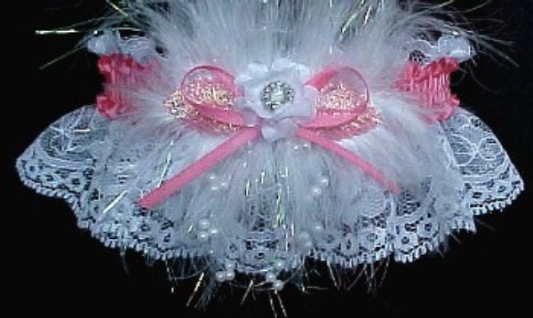 2025 Prom Garter Feature on white lace with Marabou Feathers. Prom Garter tradition. garder, garders